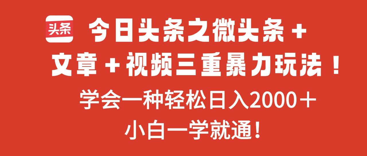 今日头条之微头条＋文章＋视频三重暴力玩法，学会一种轻松日入2000＋，...