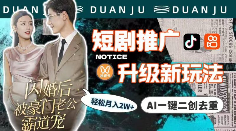 短剧推广升级版,AI一键二创去重,轻松月入2w+(教程+素材)-创业资源网 | 精品设计与工具分享平台