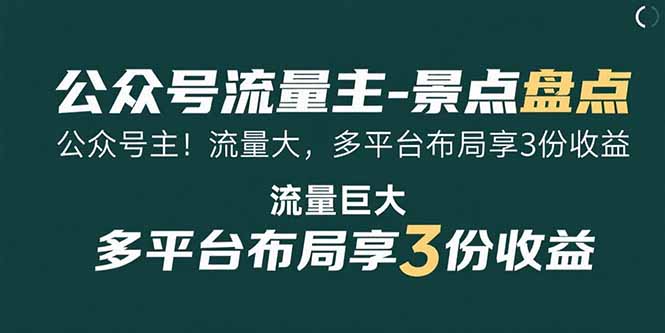 公众号流量主-景点盘点 流量巨大 多平台布局享3份收益-创业资源网 | 精品设计与工具分享平台