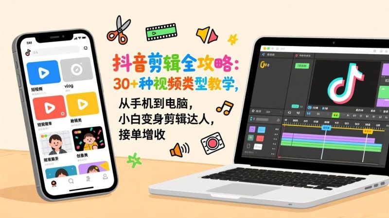 抖音剪辑全攻略：30+种视频类型教学，从手机到电脑，小白变身剪辑达人，接单增收-创业资源网 | 精品设计与工具分享平台