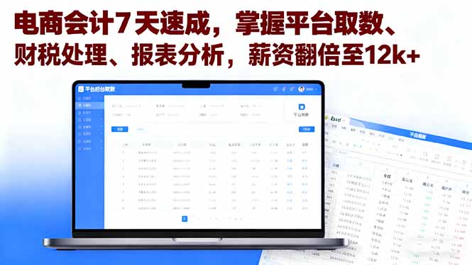 电商会计7天速成,掌握平台取数、财税处理、报表分析,薪资翻倍至12k+ 电商会计7天速成,掌握平台取数、财税处理、报表分析,薪资翻倍至12k+