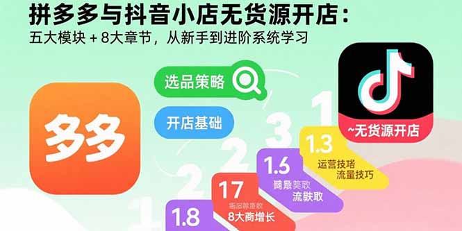 拼多多与抖音小店无货源开店：五大模块+8大章节，从新手到进阶系统学习-创业资源网 | 精品设计与工具分享平台
