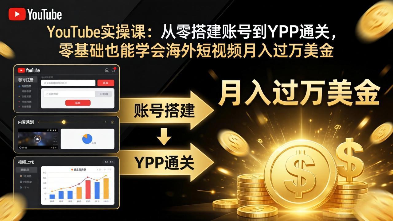 YouTube实操课：从零搭建账号到YPP通关，零基础也能学会海外短视频月入过万美金