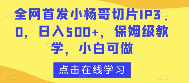 首发小杨哥切片IP3.0项目,日入500+,保姆级教学,小白可做【揭秘】-创业资源网 | 精品设计与工具分享平台