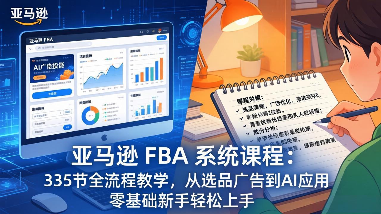 亚马逊 FBA 系统课程（更新26年3月）335节全流程教学，从选品广告到AI应用，零基础新手轻松上手