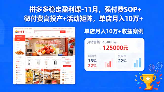 拼多多稳定盈利课-11月，强付费SOP+微付费高投产+活动矩阵，单店月入10w+-创业资源网 | 精品设计与工具分享平台