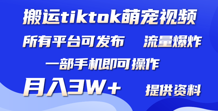 只搬运Tiktok萌宠类视频，1部手机即可。适合所有短视频平台均，月入3W+-创业资源网 | 精品设计与工具分享平台
