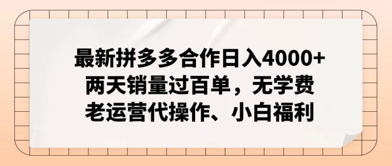 拼多多最新合作日入4000+两天销量过百单，无学费、老运营代操作、小白福利-创业资源网 | 精品设计与工具分享平台