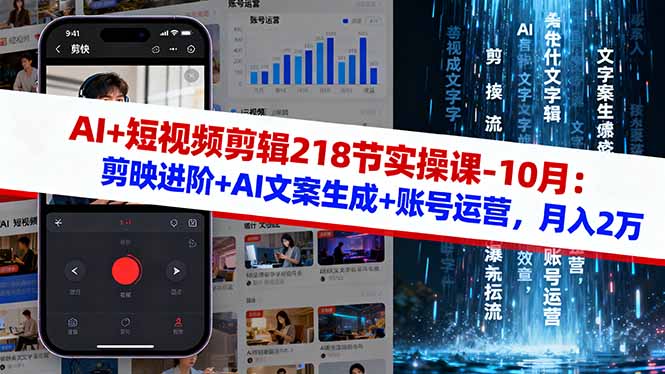 AI+短视频剪辑218节实操课-10月：剪映进阶+AI文案生成+账号运营，月入2万-创业资源网 | 精品设计与工具分享平台