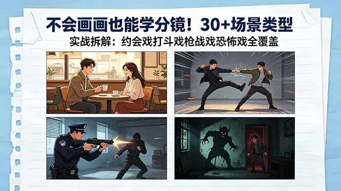 不会画画也能学分镜!30+场景类型实战拆解:约会戏打斗戏枪战戏恐怖戏全覆盖-创业资源网 | 精品设计与工具分享平台