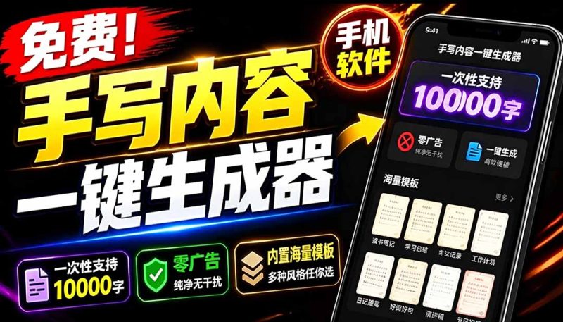 超逼真手写字体一键生成器,纯免费离线运行,一次性支持10000字,零广告,内置海量模板-创业资源网 | 精品设计与工具分享平台