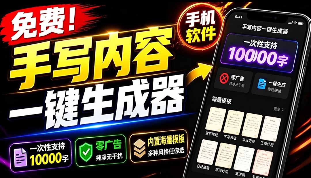 超逼真手写字体一键生成器,纯免费离线运行,一次性支持10000字,零广告,内置海量模板 超逼真手写字体一键生成器,纯免费离线运行,一次性支持10000字,零广告,内置海量模板