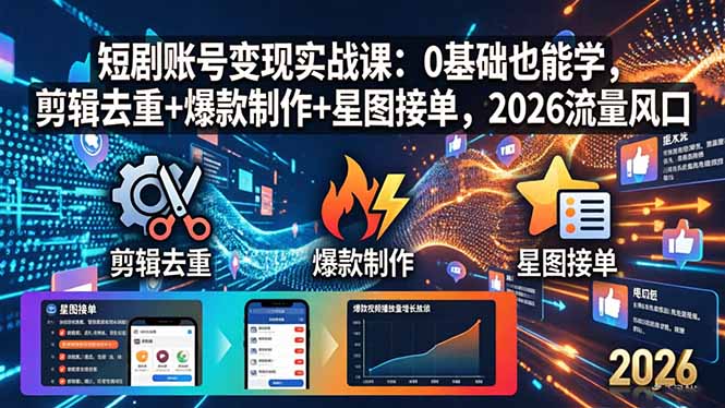 短剧账号变现实战课：0基础也能学，剪辑去重+爆款制作+星图接单，2026流量风口-创业资源网 | 精品设计与工具分享平台