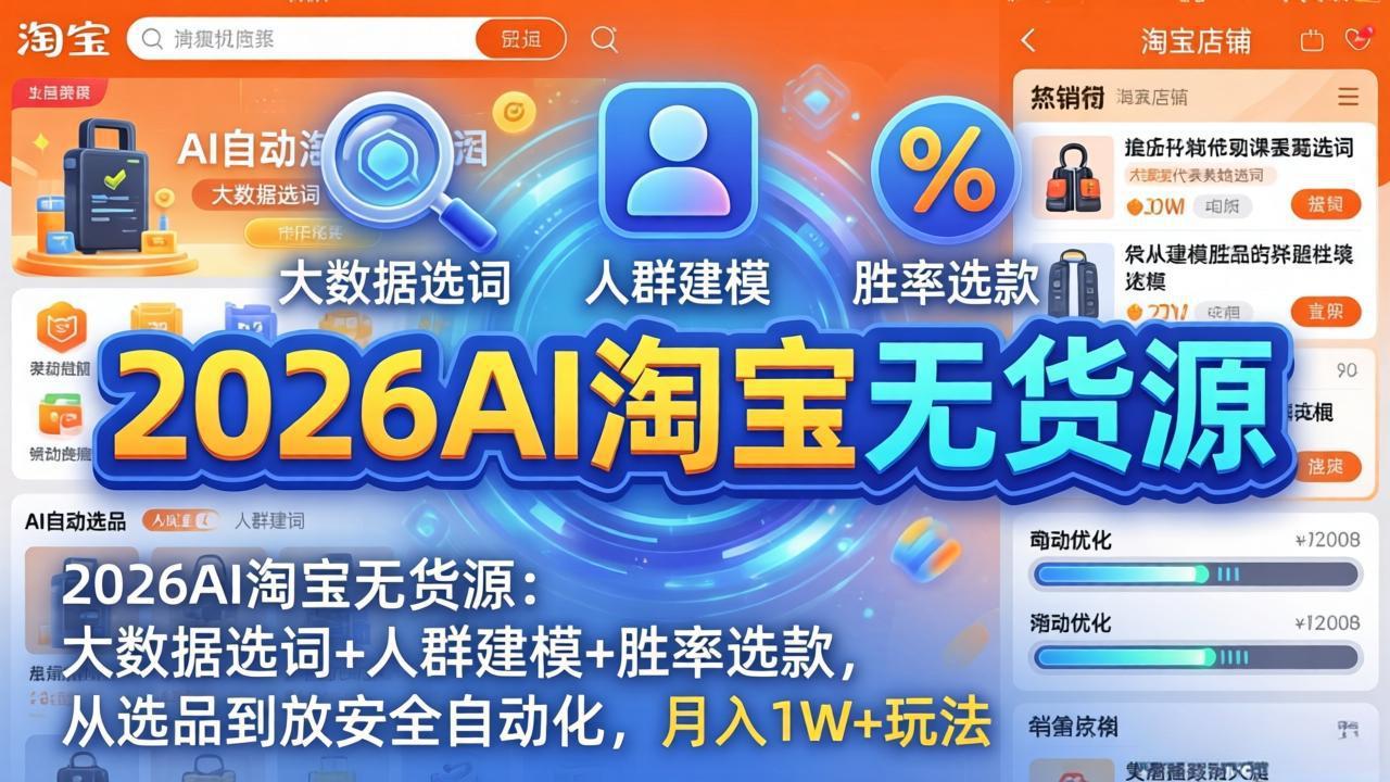 2026AI淘宝无货源-4月19更新:大数据选词+人群建模+胜率选款,从选品到放大全自动化,月入1W+ 2026AI淘宝无货源-4月19更新:大数据选词+人群建模+胜率选款,从选品到放大全自动化,月入1W+