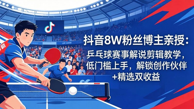 抖音8W粉丝博主亲授：乒乓球赛事解说剪辑教学，低门槛上手，解锁创作伙伴+精选双收益-创业资源网 | 精品设计与工具分享平台