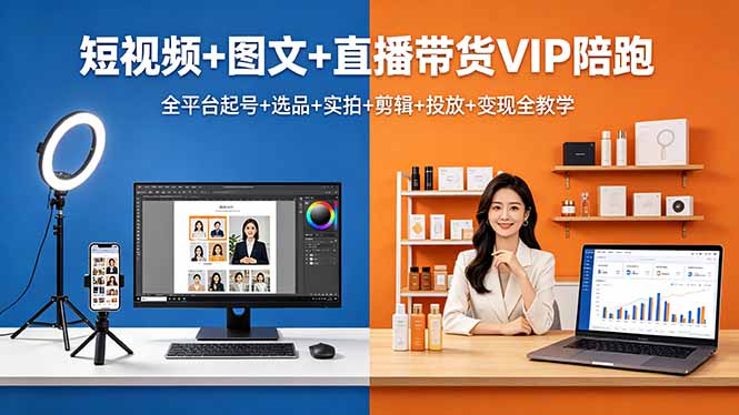 短视频+图文+直播带货VIP陪跑，全平台起号+选品+实拍+剪辑+投放+变现全教学-创业资源网 | 精品设计与工具分享平台