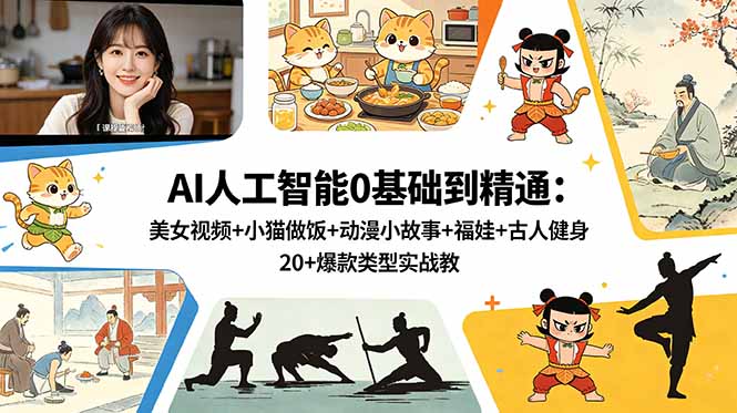 AI人工智能0基础到精通：美女视频+小猫做饭+动漫小故事+福娃+古人健身，20+爆款类型实战教学-创业资源网 | 精品设计与工具分享平台