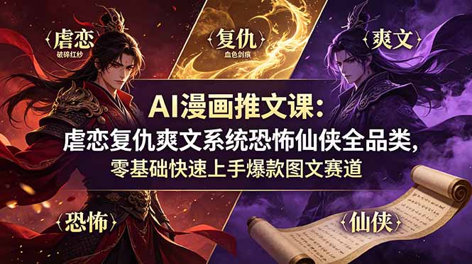 AI漫画推文课：虐恋复仇爽文系统恐怖仙侠全品类，零基础快速上手爆款图文赛道-创业资源网 | 精品设计与工具分享平台