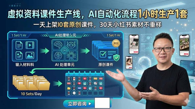 虚拟资料课件生产线，AI自动化流程1小时生产1套，一天上架10套原创课件，30天小红书素材不重样-创业资源网 | 精品设计与工具分享平台