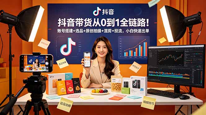 抖音带货从0到1全链路！账号搭建+选品+原创拍摄+混剪+投流，小白快速出单-创业资源网 | 精品设计与工具分享平台