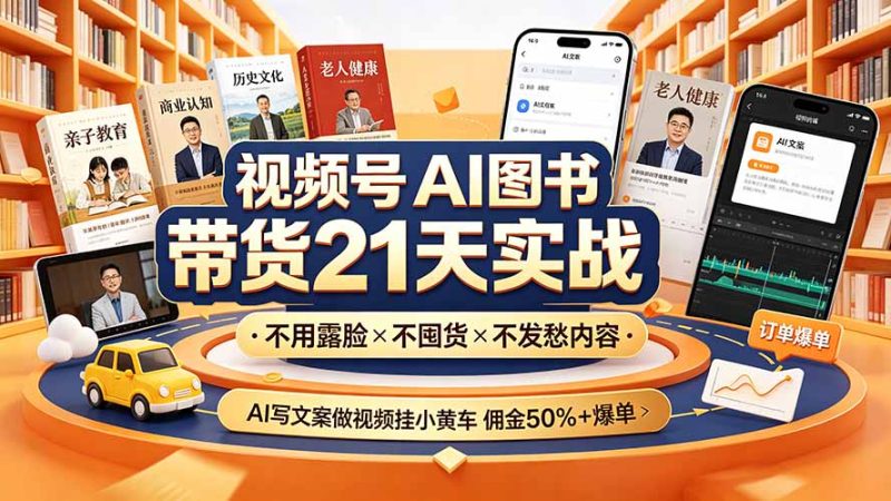 视频号AI图书带货21天实战：不用露脸×不囤货×不发愁内容，AI写文案做视频挂小黄车，佣金50%+爆单-创业资源网 | 精品设计与工具分享平台