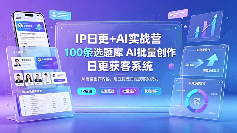 IP日更+AI实战营：IP置顶视频制作×100条选题库搭建×10条日更规划，AI批量创作内容，建立稳定日更获客系统-创业资源网 | 精品设计与工具分享平台
