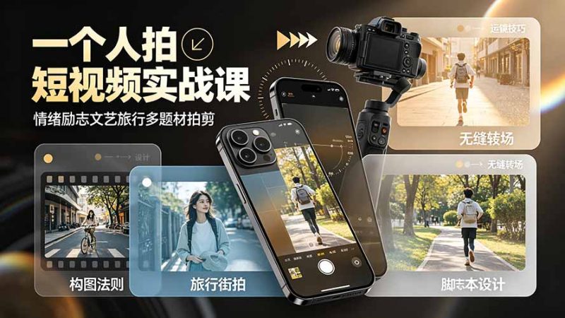 一个人拍短视频实战课:情绪励志文艺旅行多题材×五大景别×黄金构图×八大运镜,从拍摄到成片高效创作-创业资源网 | 精品设计与工具分享平台