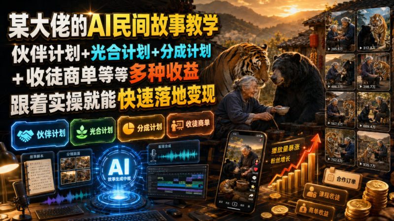 某大佬的AI民间故事教学，伙伴计划+光合计划+分成计划+收徒商单等多种收益，跟着实操就能快速落地变现-创业资源网 | 精品设计与工具分享平台