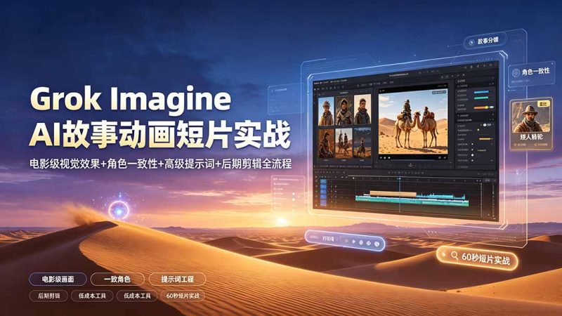 Grok Imagine AI故事动画短片实战:电影级视觉效果+角色一致性+高级提示词+后期剪辑全流程-创业资源网 | 精品设计与工具分享平台