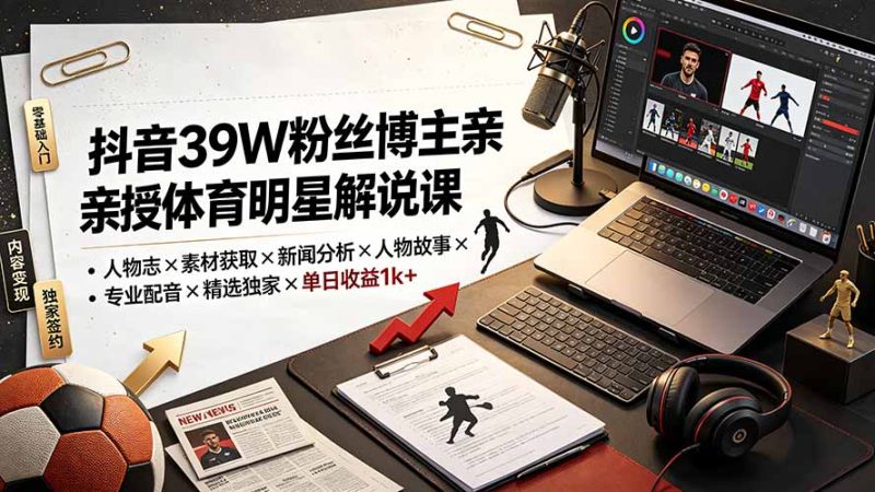 抖音39W粉丝博主亲授体育明星解说课：人物志×素材获取×新闻分析×人物故事×专业配音×精选独家×单日收益1k+-创业资源网 | 精品设计与工具分享平台
