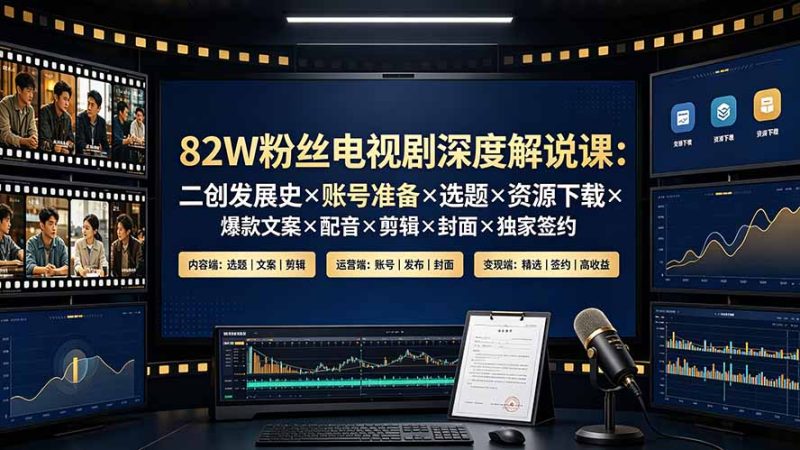 82W粉丝电视剧深度解说课:二创发展史×账号准备×选题×资源下载×爆款文案×配音×剪辑×封面×独家签约-创业资源网 | 精品设计与工具分享平台