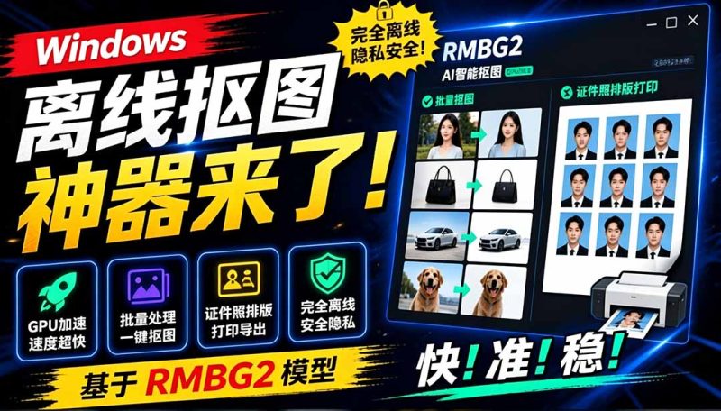 Windows离线抠图神器来了!支持批量抠图 + 证件照排版打印,基于RMBG2模型,GPU加速 方块AI抠图-创业资源网 | 精品设计与工具分享平台