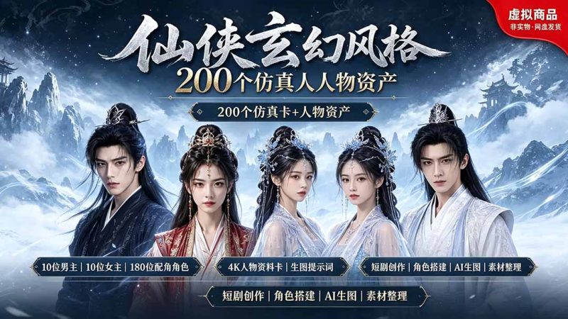 200个仙侠玄幻仿真人素材◆10男主×10女主×180配角，4K资料卡+AI生图提示词，漫剧必备-创业资源网 | 精品设计与工具分享平台