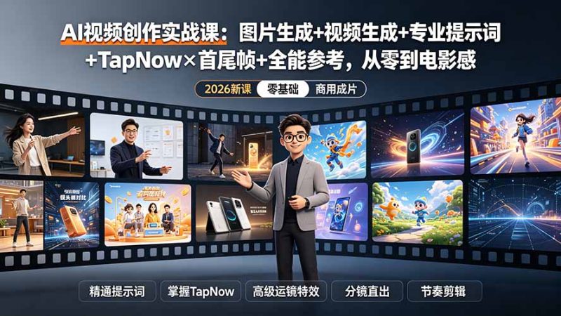 AI视频创作实战课:图片生成+视频生成+专业提示词+TapNow×首尾帧+全能参考,从零到电影感成片-创业资源网 | 精品设计与工具分享平台