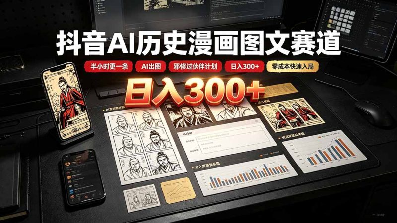 抖音AI历史漫画图文赛道:半小时更一条×AI出图×邪修过伙伴计划×日入300+,零成本快速入局-创业资源网 | 精品设计与工具分享平台