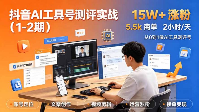 抖音AI工具号测评实战(1-2期):单号涨粉15W+×商单5.5k×伙伴计划×普通人可复制,每天2小时长期可持续-创业资源网 | 精品设计与工具分享平台