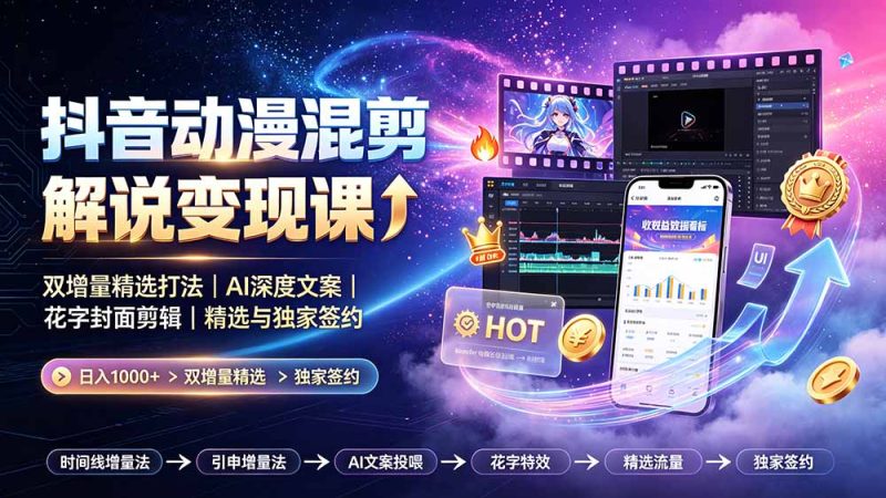 抖音动漫混剪解说变现课：双增量精选打法｜AI深度文案｜花字封面剪辑｜ 精选与独家签约日入1000+-创业资源网 | 精品设计与工具分享平台