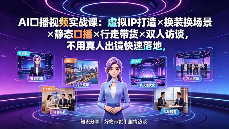 AI口播视频实战课:虚拟IP打造×换装换场景×静态口播×行走带货×双人访谈,不用真人出镜快速落地-创业资源网 | 精品设计与工具分享平台