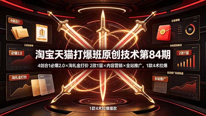 淘宝天猫打爆班原创技术第84期:4剑合1必爆2.0×淘礼金打价×2改1留×内容营销×全站推广,1款4术拉爆-创业资源网 | 精品设计与工具分享平台