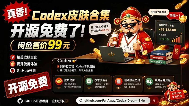闲鱼售卖99元的Codex皮肤包,GitHub 免费开源了!让你的codex变成精美界面 Codex Dream Skin-创业资源网 | 精品设计与工具分享平台