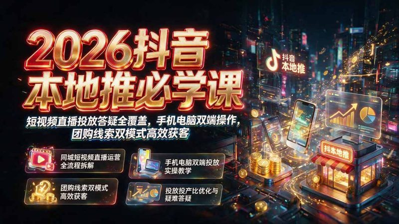 2026抖音本地推必学课|短视频直播投放答疑全覆盖,手机电脑双端操作,团购线索双模式高效获客-创业资源网 | 精品设计与工具分享平台