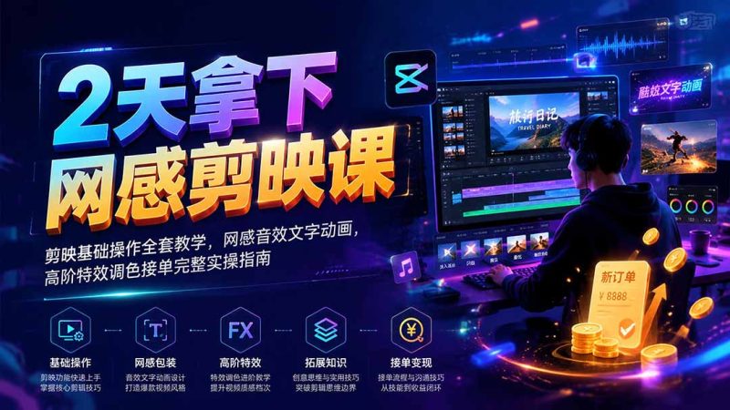 2天拿下网感剪辑课｜剪映基础操作全套教学，网感音效文字动画，高阶特效调色接单完整实操指南-创业资源网 | 精品设计与工具分享平台