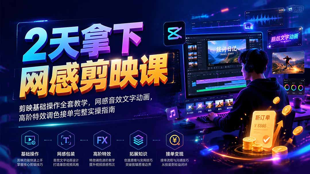 2天拿下网感剪辑课｜剪映基础操作全套教学，网感音效文字动画，高阶特效调色接单完整实操指南
