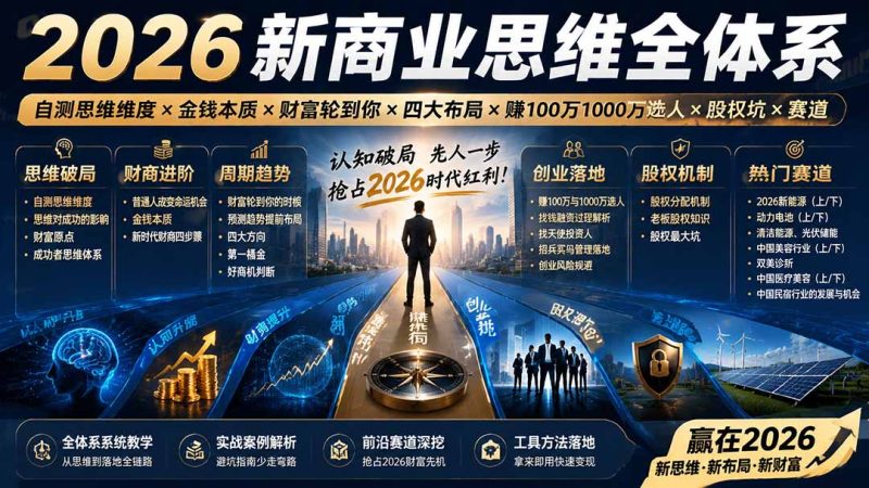 2026新商业思维全体系:自测思维维度×金钱本质×财富轮到你×四大布局×赚100万1000万选人×股权坑×赛道-创业资源网 | 精品设计与工具分享平台