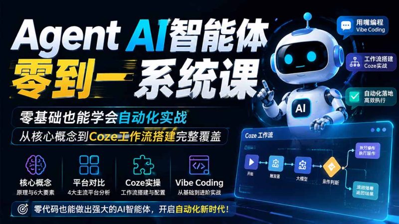 Agent AI智能体零到一系统课;零基础也能学会自动化实战,从核心概念到Coze工作流搭建完整覆盖-创业资源网 | 精品设计与工具分享平台