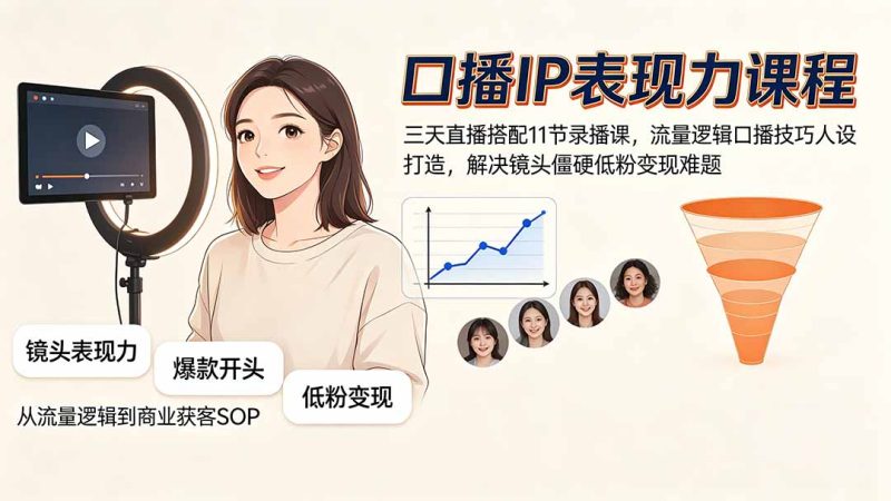 口播IP表现力课程|三天直播搭配11节录播课,流量逻辑口播技巧人设打造,解决镜头僵硬低粉变现难题-创业资源网 | 精品设计与工具分享平台