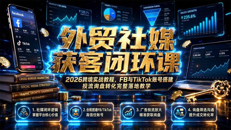 外贸社媒获客闭环课｜2026跨境实战教程，FB与TikTok账号搭建投流询盘转化完整落地教学-创业资源网 | 精品设计与工具分享平台