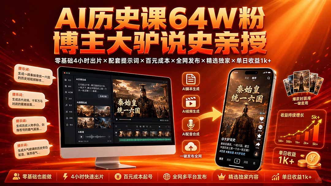 AI历史课64W粉博主大驴说史亲授:零基础4小时出片×配套提示词×百元成本×全网发布×精选独家×单日收益1k+ AI历史课64W粉博主大驴说史亲授:零基础4小时出片×配套提示词×百元成本×全网发布×精选独家×单日收益1k+