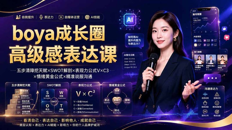 boya成长圈｜内心成长高级表达AI自媒体三合一，消解内耗挖掘天赋，镜头沟通AI指令短视频全流程教学-创业资源网 | 精品设计与工具分享平台