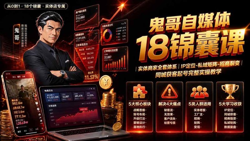 鬼哥自媒体18锦囊课|实体商家全套体系|IP 定位-私域矩阵-招商裂变|同城获客起号完整实操教学-创业资源网 | 精品设计与工具分享平台